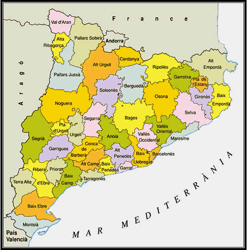 La divisi� comarcal del Principat oficialment vigent (llei de 1987 amb les reformes de 1988 i 1990)
