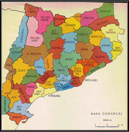 Comarcalitzaci� emprada per la Geografia de Catalunya d'Aedos, dirigida per Llu�s Sol� i Sabar�s